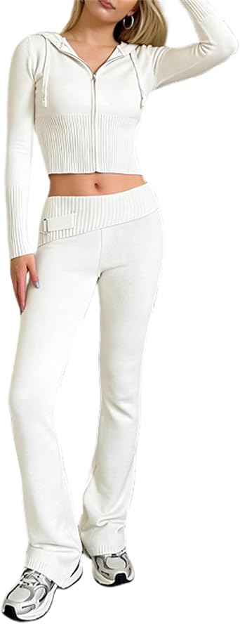 Women's Ribbed Knit 2Pcs Outfits Long Sleeve Zip Up Hooded Sweater Top Flare Skinny Pants Set Y2K Loungewear Set
