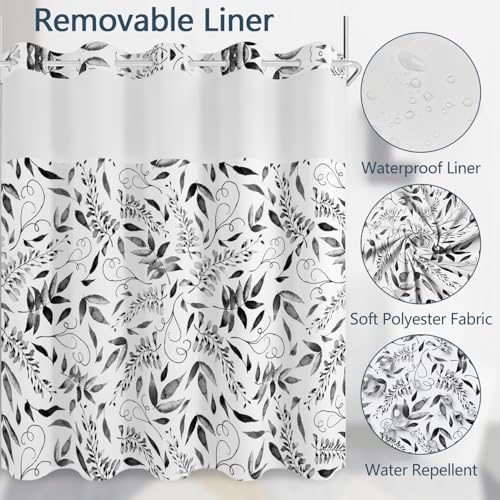 NAEMBCU Boho Black White Leaf No Hook Shower Curtain and Liner Set, 71x74in by NAEMBCU - Used condition - Image 3