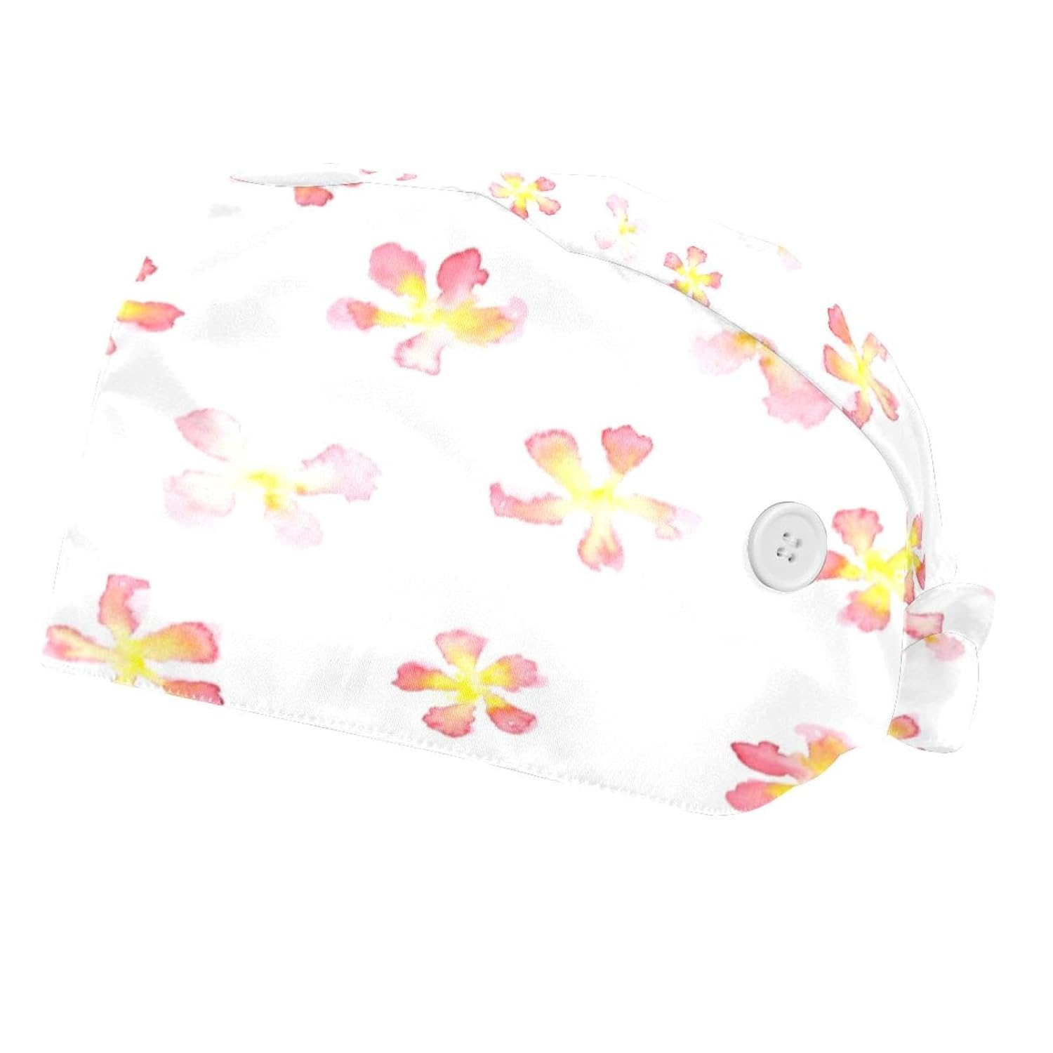 Pink Flower 2 Pcs Unisex Working Cap with Button Bouffant Turban Cap Adjustable Hats Bouffant Hair Cover