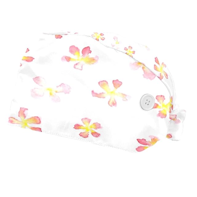 Pink Flower 2 Pcs Unisex Working Cap with Button Bouffant Turban Cap Adjustable Hats Bouffant Hair Cover