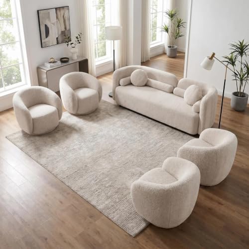 Image of 5 Piece Curved Couch Set for Living Room, Boucle Sofa Set with 1 Modern 3-Seater Sofa & 4 Swivel Chairs, Deep Seat Conversation Seating Furniture for Open Concept Spaces,Home Office (Beige)