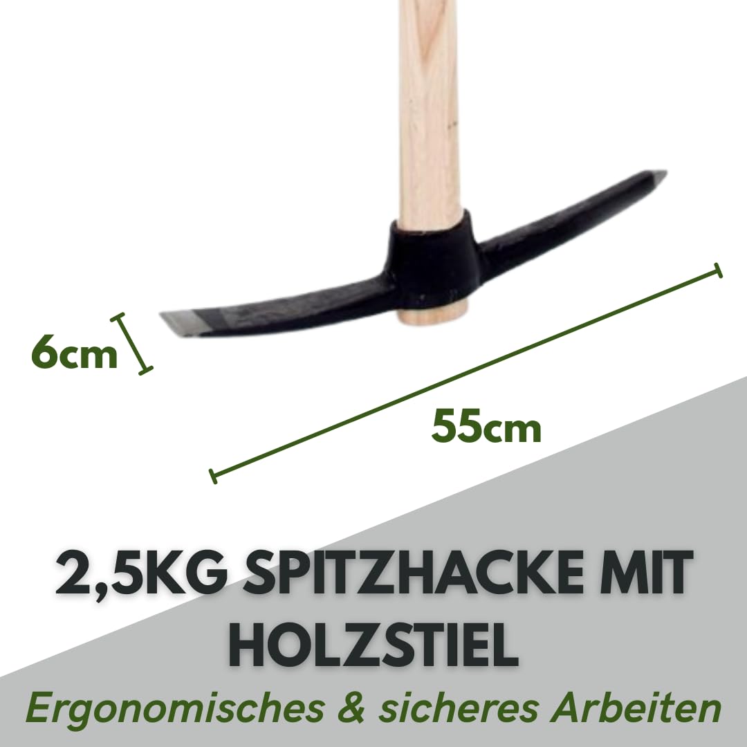 2,5 kg Spitzhacke | Kreuzhacke mit Holzstiel – Robuste Hacke Pickel für Garten & Bauarbeiten | Gewicht 2500g | EU-Produktion