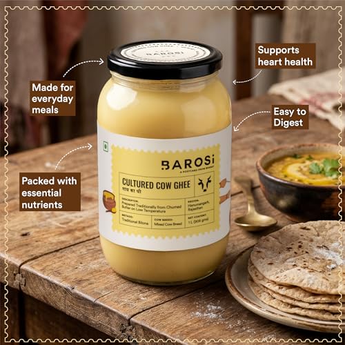 Image of BAROSI Cultured Desi Cow Ghee 1 Litre | Traditional Bilona Method | Curd Churned Danedar Ghee | Lab Tested | Grass-Fed Desi Cow | Pure, Natural, Aromatic | Shudh Cow Ghee | Glass Jar(1000ml)