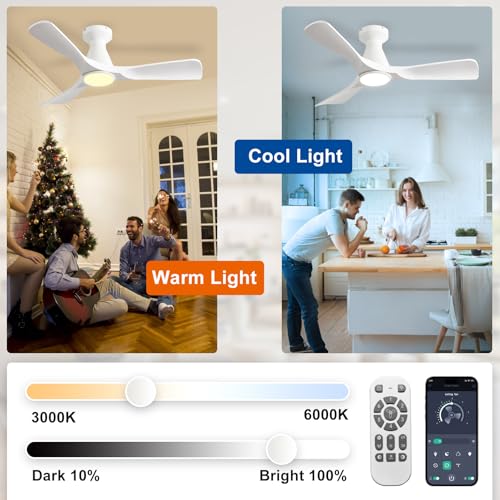 Image of Depuley Ceiling Fans with Lights and APP: Flush Mount Low Profile Ceiling Fan for Bedroom - Dimmable Indoor Outdoor Fan with Remote Control White Timer