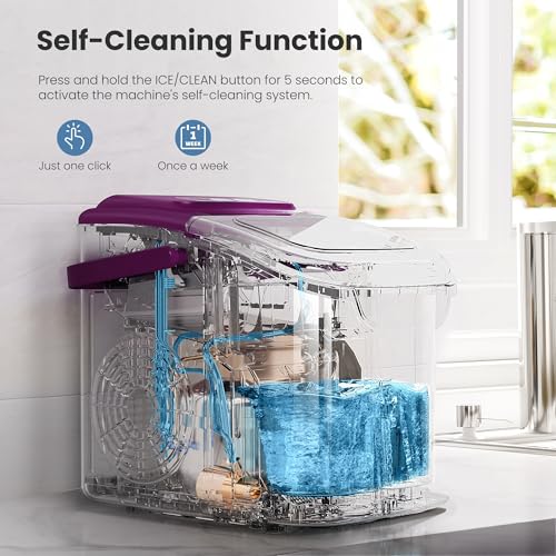 Image of Countertop Portable Ice Maker Machine with Handle, 8 Bullet-Shaped Ice Cubes Ready in 6 Mins, 26Lbs /24H, Self-Cleaning Function with Ice Scoop and Basket for Home /Kitchen /Party (Purple)