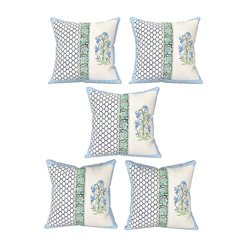 Image of BLOCKS OF INDIA Hand Block Printed Cotton Linen Cushion Cover (16 x 16 inches) (DYE Blue Green Half)