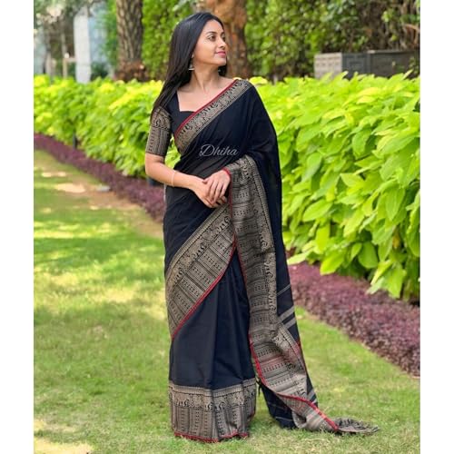 Image of Narayanpet Pure Cotton Avani Border Saree for Women with Running Blouse | Tassels | Traditional Woven Solid Design | Handloom Weave