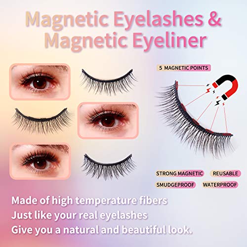 Veshely Natural Magnetic Eyelashes With Eyeliner,3 Pairs Natural Look False Lashes Kit,3D Short Magnetic Eyelash Set - No Glue Needed #TOP3