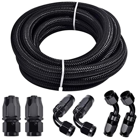 3/8 6AN 12FT Fuel Line Hose Kit, Nylon Stainless Steel Braided Fuel Line Oil/Gas/Fuel Hose End Fitting Hose with 6PCS Swivel Fuel Hose Fitting Adapter Kit - Black Cover