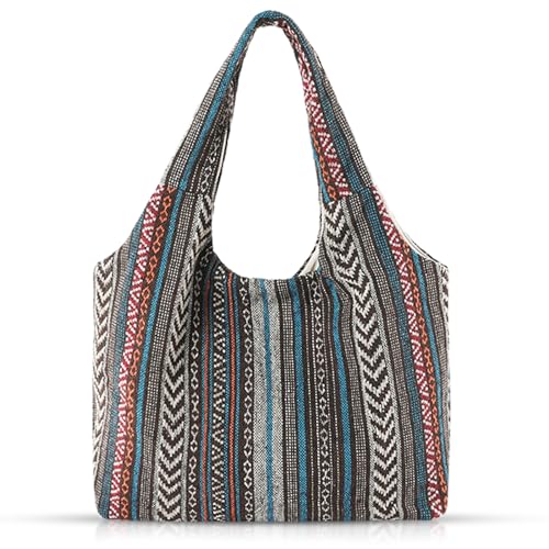 Bohemia Tote Bag, Canvas Shoulder Bag for Women, Large Capacity Work Bag，Reusable Canvas Lunch Bag Teacher Bag Shopping, Utility Aesthetic Handbag(Gray)