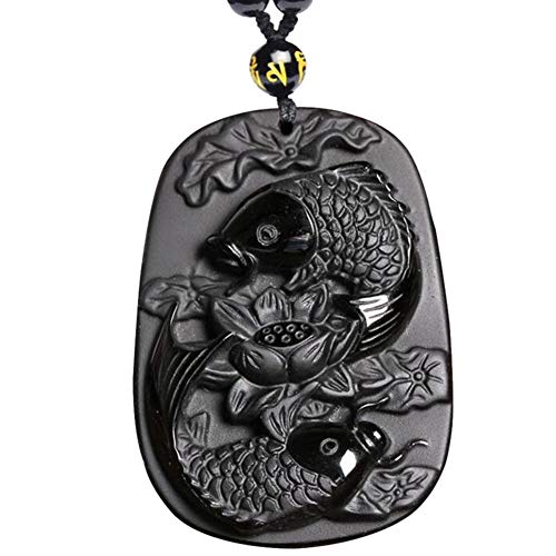 Collier lotus en obsidienne naturelle et cristal sculpté W4013 pour homme et femme