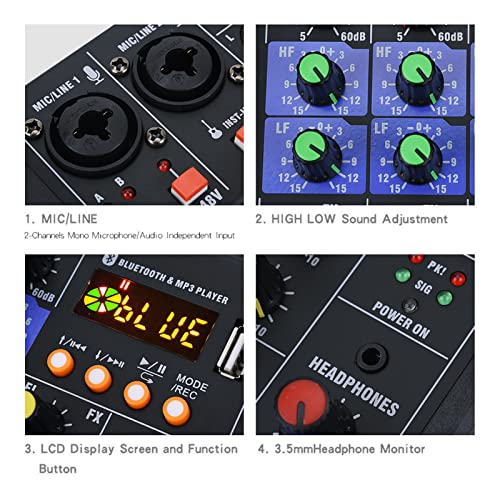 Cuei 4 Channel Audio Mixer, Professional Usb Bluetooth Mp3 Sound Board Console System With 2 Wireless Mics, 16 Dsp & Stereo/Mono Adjustment, Portable Dj Mixer For Pc Recording, Live Streaming #TOP5