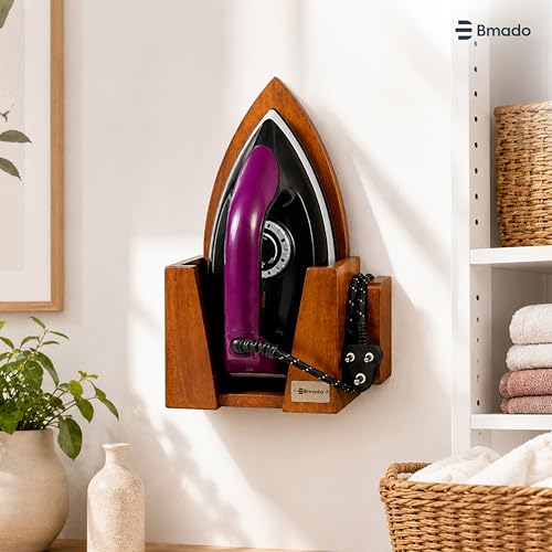 Image of Bmado Multi-Purpose Wooden Iron Press Holder | Safe Shock-Free Design | No Electricity Needed | Holds Iron & Organises Power Cable | Wall-Mounted Holder | Maximum Iron Box Width 5 Inches (12.7 cm)