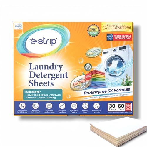 Image of eStrip Proenzyme 5X Laundry Detergent Sheets-30 Sheets (60 Loads)|Tough on Stains,Deep Enzyme Cleaning|Pre-Soak Power|Ecofriendly Alternative to Pods, Liquid, Powder Detergent|Front & Top Load Machine