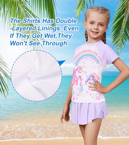 Image of Girls Rashguard Set Flowy Skirt with Butterfly Short Print Short Sleeve Shirt Non-See Through Swimsuit 3-12 Years