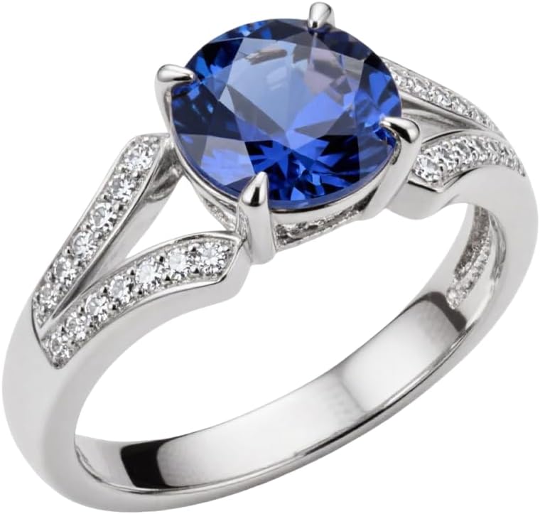 Round-Cut Sapphire Engagement Ring 2 ct Sapphire Blue Solitaire Ring Solid 10k 14k 18k Gold Wedding Band Engraved Promise Birthday for Women Men Wife