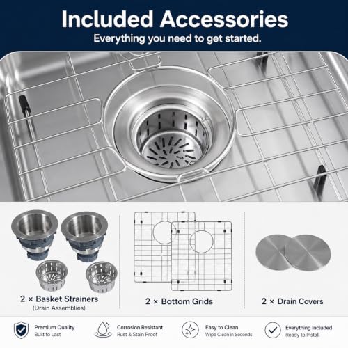Image of 31 Inch Double Undermount Kitchen Sinks,16 Gauge T304 Stainless Steel Sink