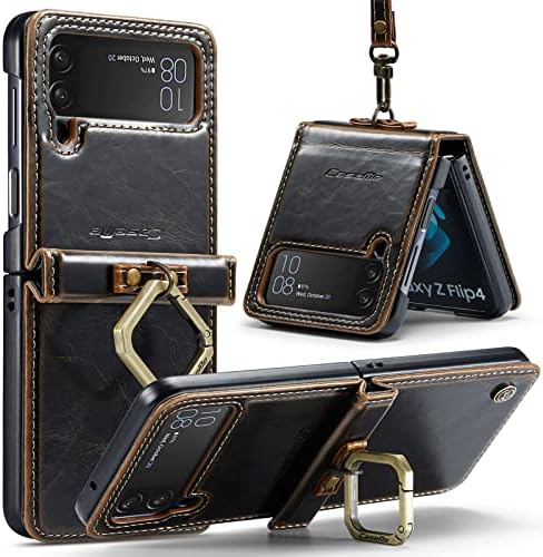 GooodiDEAR Galaxy Z Flip 4 Case, Shockproof with Hinge Ring Kickstand Protective Cover for Samsung Flip 4 Case, Leather Heavy Duty Magnetic Anti-scratch Bumper Phone Protection Z Flip 4 Case 5G,Coffee