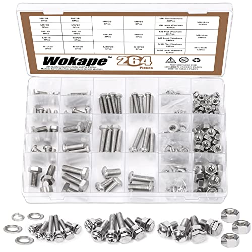 Wokape 264Pcs 304 Stainless Steel Hex Bolts and Pan Phillips Machine Screws Assortment Kit with Washers, M6 M8 M10 Heavy Duty Bolts Screws Nuts