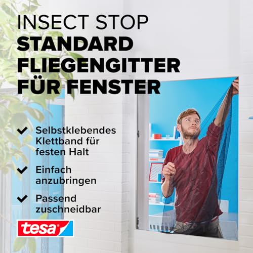 tesa Insect Stop Standard Fliegengitter für Fenster - Insektenschutz zuschneidbar - Mückenschutz ohne Bohren - 1 x Fliegen Netz - 130 cm x 150 cm - Weiß