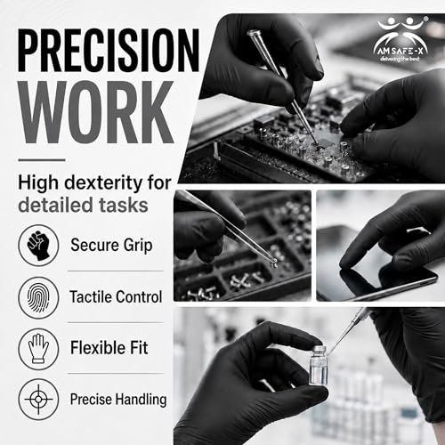 Image of AM SAFE-X Powder Free Black Nitrile Hand Gloves 100pcs Large | Food Grade Heavy Duty Disposable Gloves | Textured Grip| Single Use | Cleaning, Kitchen, Tattoo, Salon, Automotive & Examination Gloves