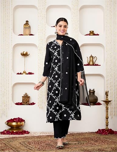 Image of Amazon Brand - Myx Women's Embroidered Kurta Pant Set with Organza Dupatta (Available in Plus Sizes)