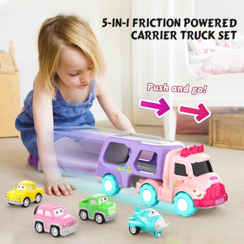 Lascoton Toys For 1 2 3 Year Old Girl, 5-In-1 Carrier Truck, Toddler Girl Toys, Friction Power Toy Cars With Light & Sound, 1 2 3 Year Old Girl Gifts Birthday For Baby Girl Toys Pink Toys For Girls #TOP2