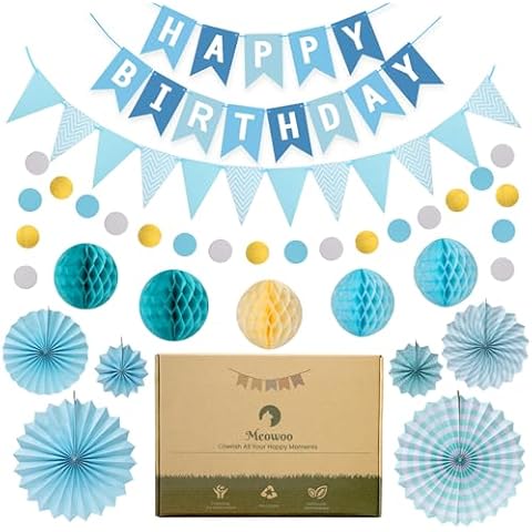 Meowoo Birthday Decorations, Happy Birthday Banner Set - 1 Birthday Banner, 2 Birthday Buntings, 6 Hanging Paper Fans, 5 Honeycomb Balls, Birthday Party Decorations (Blue Oasis) Cover