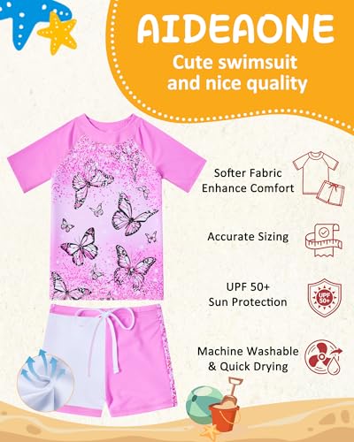 Image of AIDEAONE Girls Rash Guard Swimsuit Short Sleeve Two Piece Bathing Suit Size 3-12T