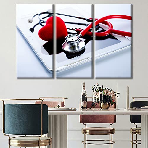 Image of TUMOVO 3 Panel Red Heart Stethoscope Poster Canvas Wall Art Tablet PC Health Medical Technology Concepts Posters and Prints Bathroom Decor Wall Art Print on Canvas Framed Ready to Hang, 60 inch Wx40 H