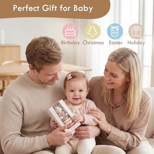 Image of Moonkie Bunny Silicone Stacking Rings, 7-Piece Baby Teething Toy, 6M+ | 7 Textured Rings, Cute Bunny Teether Topper, Early Learning, Dishwasher Safe, Beautiful Gift Box, Baby Gift for Girls