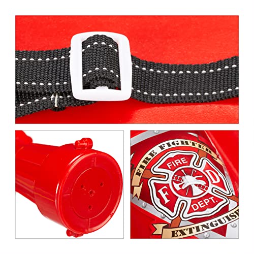 Relaxdays 10027680 Feuerwehr Wasserspritze, 2,5 l Wassertank, 5 m Reichweite, 2 Sprühfunktionen, Löschrucksack Kinder, rot-gelb