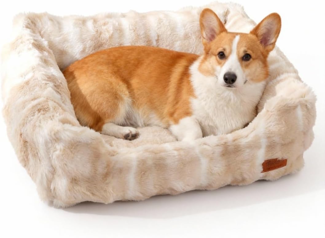 Plush Dog Bed for Small Dogs Cats, Faux Fur Indoor Dog Beds with Bolster Sides, Rectangle Cat Bed with Removable Washable Cover, Anti Slip Pet Beds for Puppy Kitten (Beige, XL - 31.4 x 20.5 x 9.4 in)