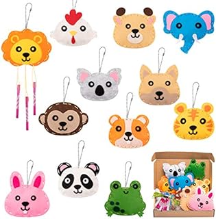 WATINC 12Pcs Felt Sewing Craft Kit for Kids, Jungle Animal Head Sewing Pack for Beginner Boy Girls Fun Educational Sewing DIY Craft Ornaments Gift with Sewing Tools Key Chains Wind Chimes