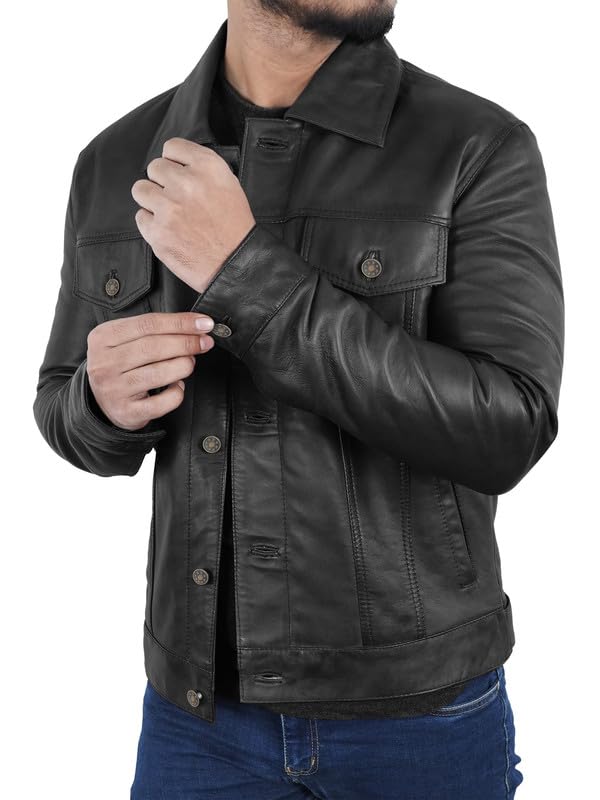 LP-FACON Mens Trucker Leather Jacket - Western Cowboy Leather Outerwear Jacket3