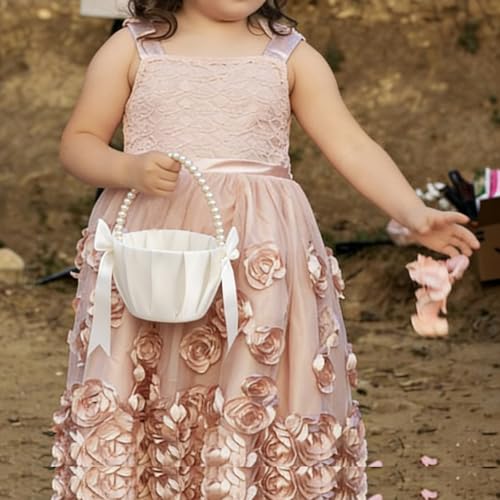 Wedding Flower Girl Basket with Pearl Handle, Fairy Pearl Flower Basket for Flower Girl, Ivory