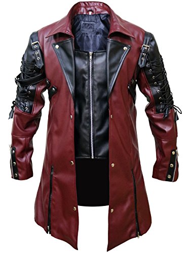 FaddyRox Steampunk Leather Jacket Gothic Coat - Maroon & Black