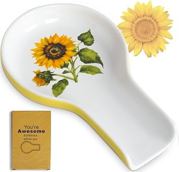 Spoon Rest for Stove Top Kitchen Decor Ceramic Spoon Holder Sunflower | Long Handle Spoon Rest, Sunflower Kitchen Decor, Gift Box Ready, Eco-friedenly