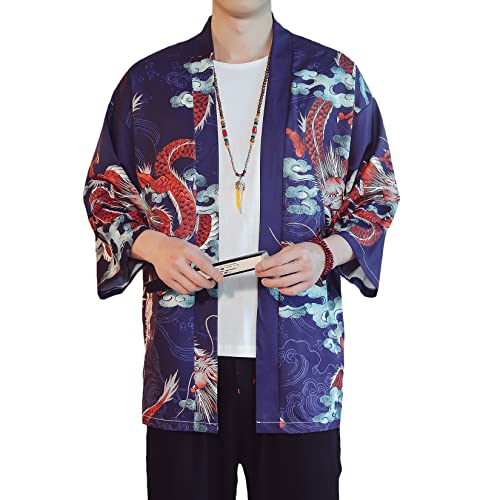 Image of PRIJOUHE Men's Lightweight Kimono Jacket Seven Sleeve Open Front Cardigan Coat Japanese Style Bathrobe