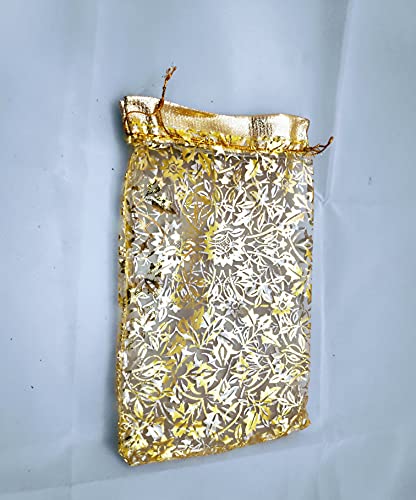 Image of 10 Inch X 7 Inch Net Fabric Drawstring Pouch For Dry Fruits Packing, Organza Shagun Potli, Golden Print Potli Bags For Wedding Favor Gift Bags (Pack Of 100, Gold, 25 Cm X 18 Cm)