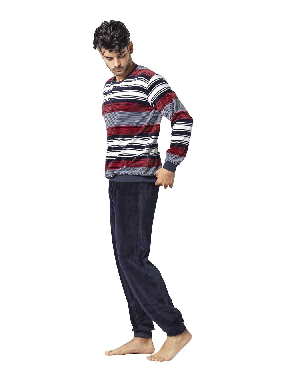 Pijama de Terciopelo para Hombre - Pijama de Terciopelo a Rayas Azules
