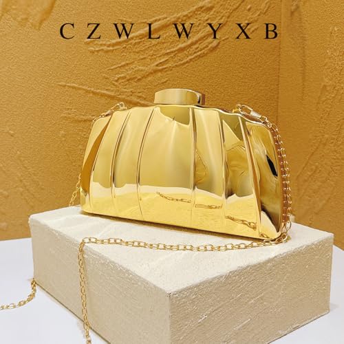 Image of Golden Metal Shell shape Clutch Evening Bag with Water Ripple Design, Solid Color with Buckle Closure, Chain Strap Messenger, Polyester Lining, Luxury Reflective Wave Pattern for Parties, Weddings