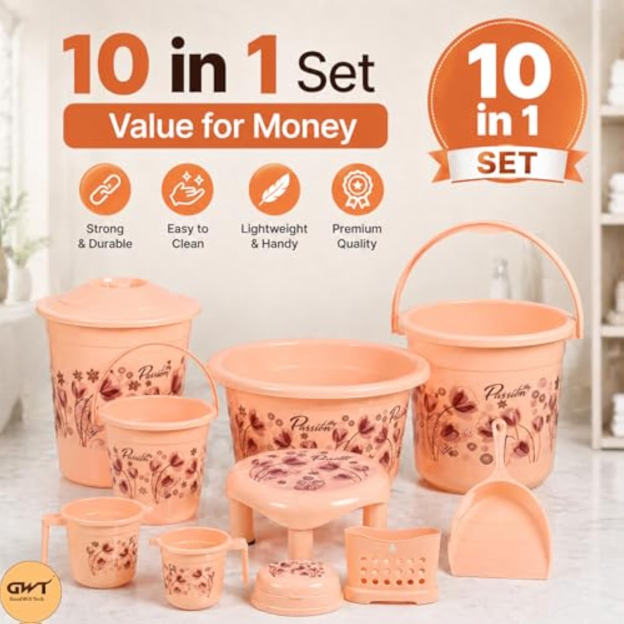 Heavy Duty Large Capacity Plastic Bathroom Set of 10 Pieces