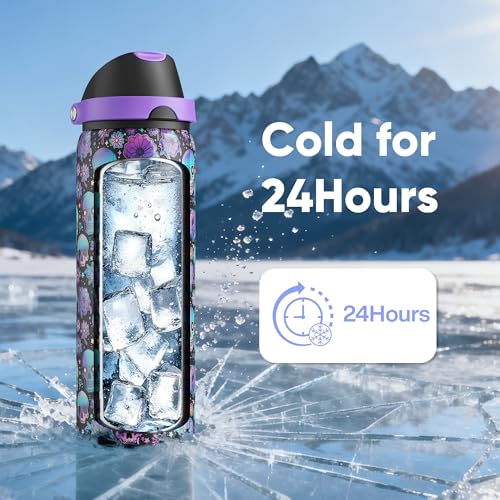 Image of Insulated Water Bottle with Straw - Encool Stainless Steel Water Bottle with Push Button Lid, Leak-Proof & BPA-Free, Keeps Cold for 24 Hours for Sports, Travel, Gym (32 oz, Floral Afterlife)
