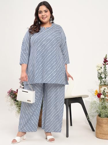 Image of Tissu Women's Plus Size Pure Cotton Red Asymmetrical Top with Trouser Co-ord Set