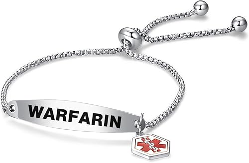 NARTGO Pulsera de Identificación de Alerta Médica Roja para Mujeres y Hombres de Emergencia Primeros Auxilios Grabada Ajustable Pulseras de Cadena