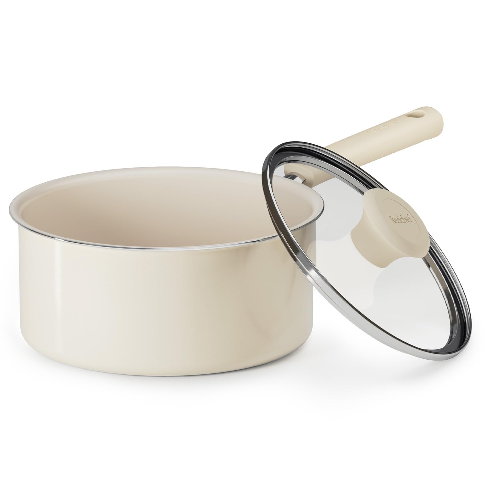 Redchef Ceramic Nonstick Saucepan with Lid,20cm Small Cooking Pot, Non Toxic Sauce Pans for Kitchen, Cool Handle PFAS Free Compatible with All Cooktops, White