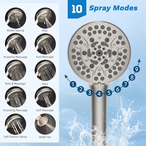 Image of Hibbent 10 inch Dual Filtered 10 inch Rainfall Shower Head with Handheld 10-Spray | High Pressure Metal Brushed Nickel Showerhead Combo with Filter, Extension Arm with 4-way Diverter, 71'' Hose & Holder