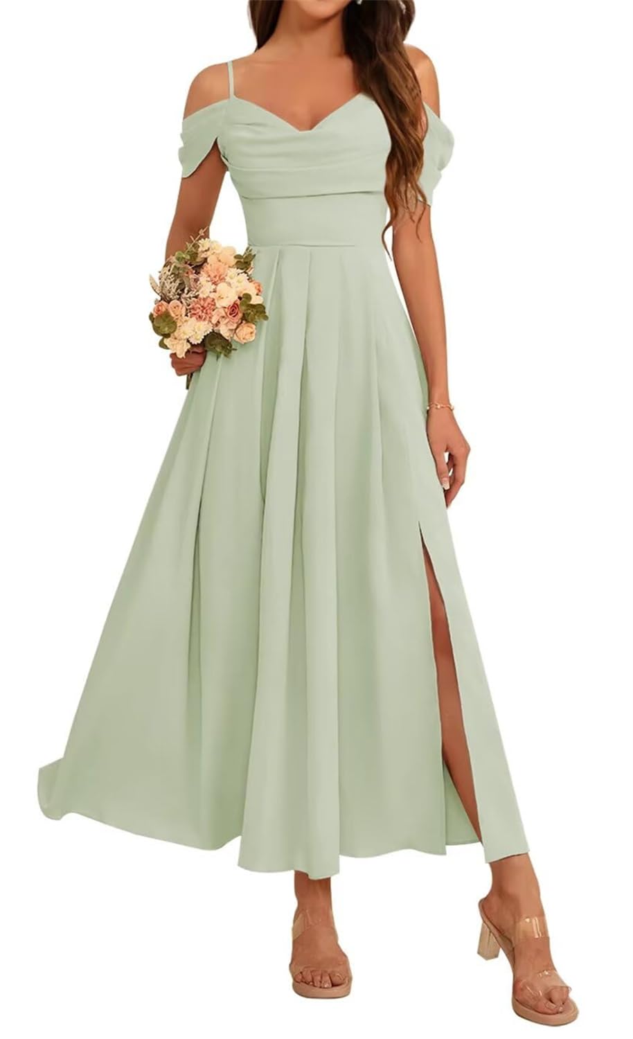 HPPEE Midi Bridesmaid Dresses Sage Green for Wedding Cold Shoulder Chiffon Formal Dress with Slit Corset Evening Party Gown UK10