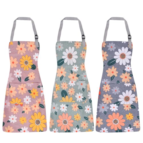 DAOLONG 3 Pack ‌Floral Apron‌ for Women with Pockets, Adjustable ‌Aprons for Women‌ for Kitchen Cooking, Gardening & Salon, ‌Delantales De Cocina Para Mujer‌ with Waterproof Design